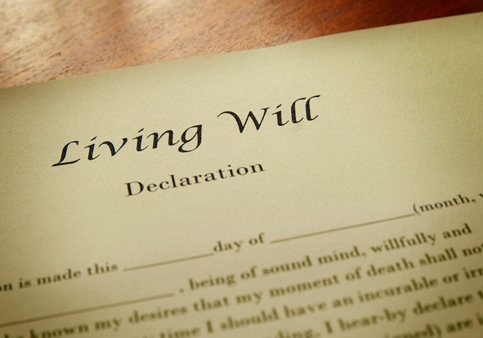 A living will document is sitting on the table.