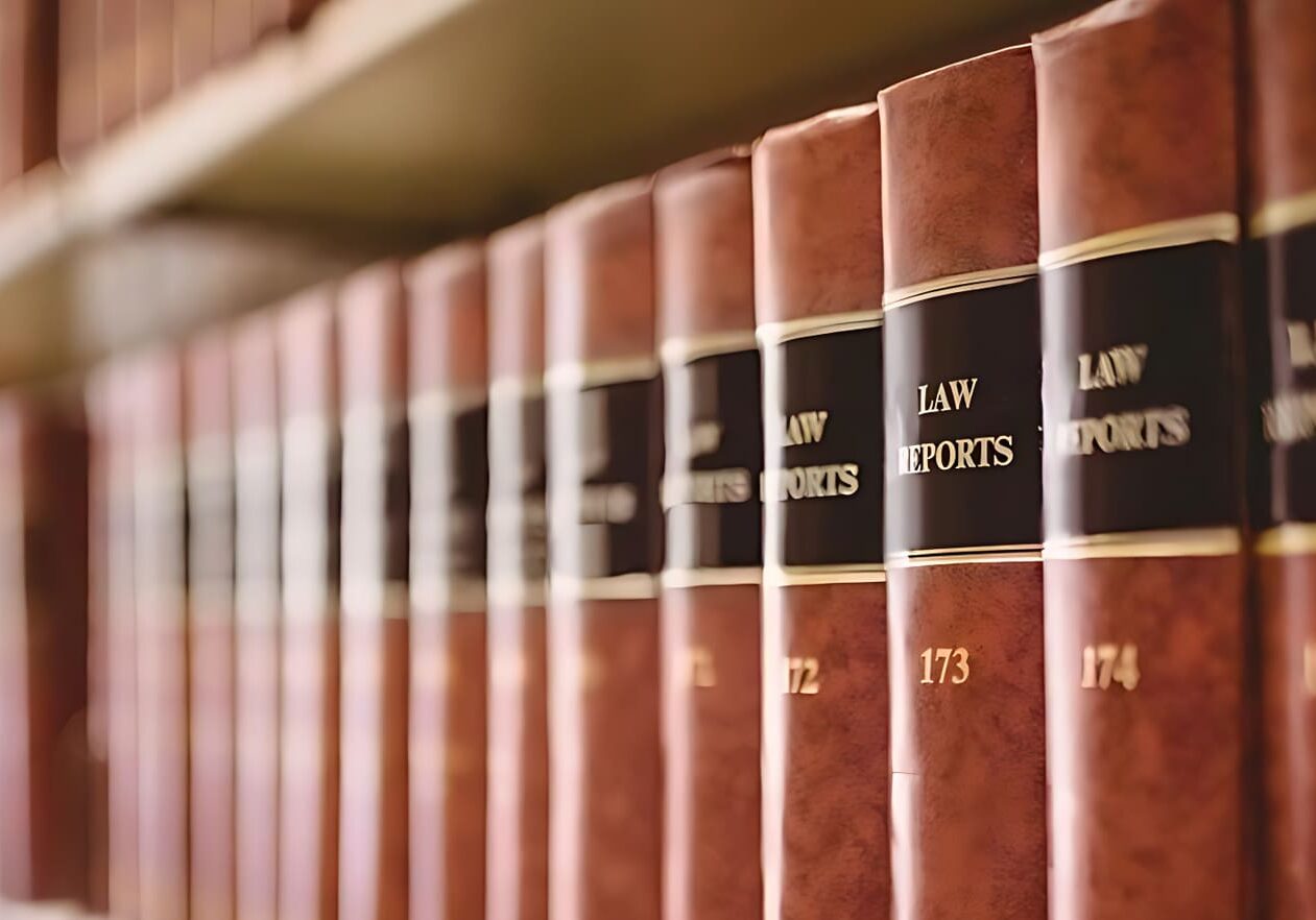 A row of law books on the shelf.